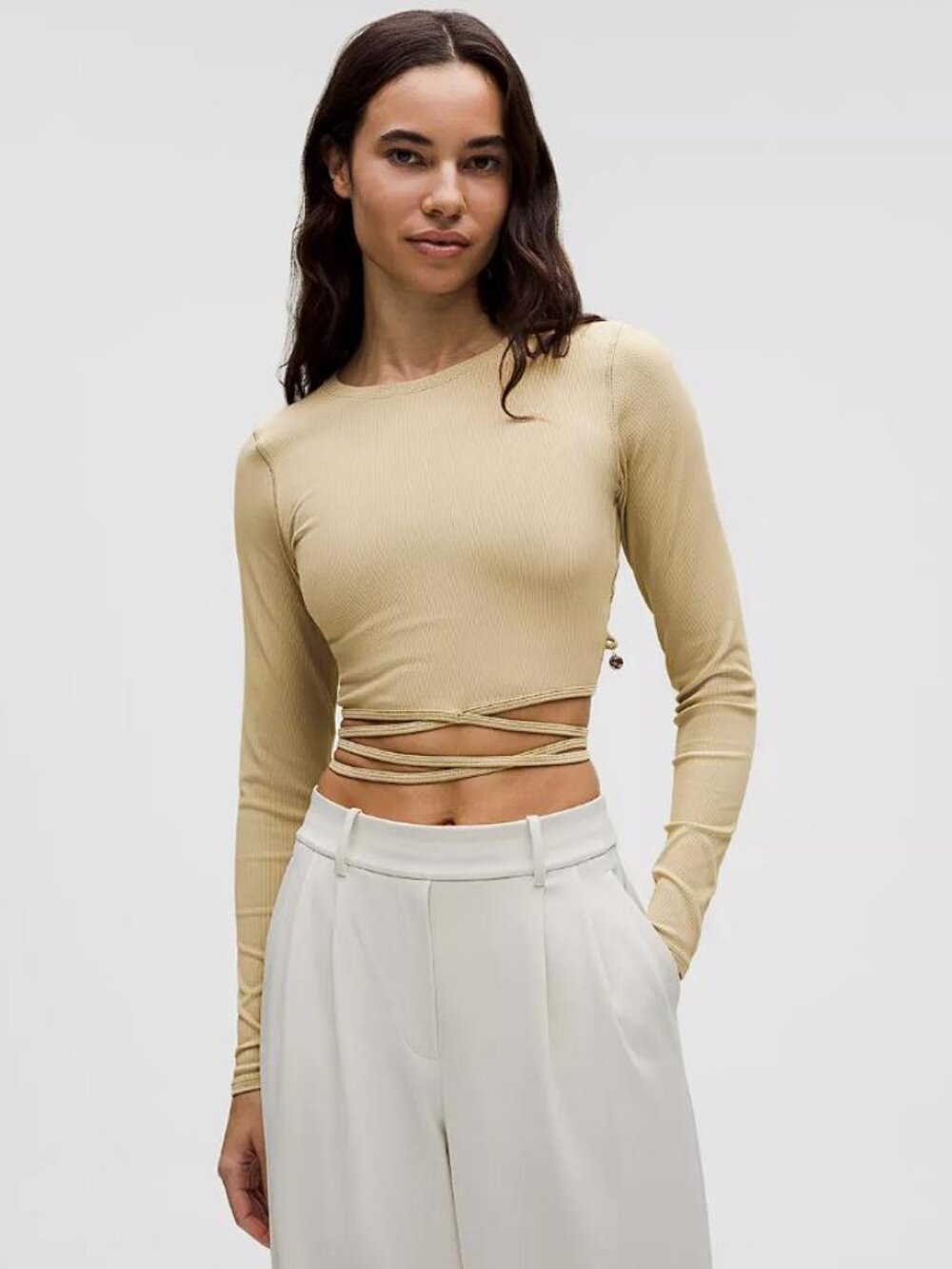 LULULEMON Women's Logo Bead Ribbed Waist-Tie Long-Sleeve Shirt Size S In Khaki